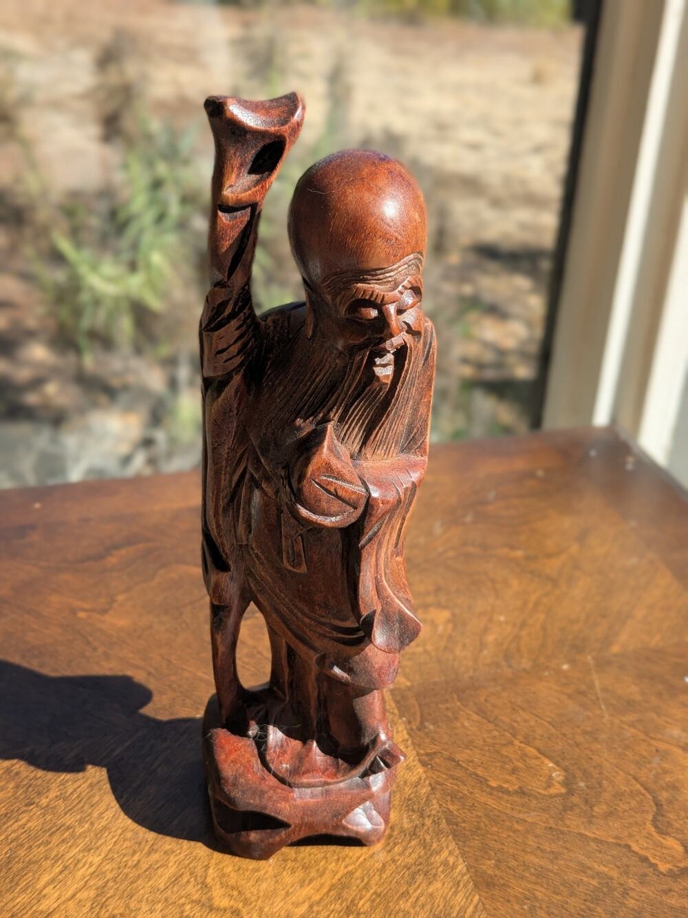 Vintage Hand Carved Wood Shou Lao Statue - 12"